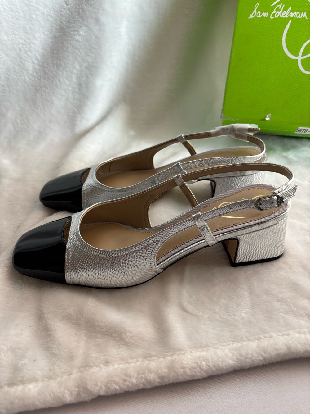 Sam Edelman Tarra Slingback Heels Cap Toe Metallic Silver Black Size 7.5